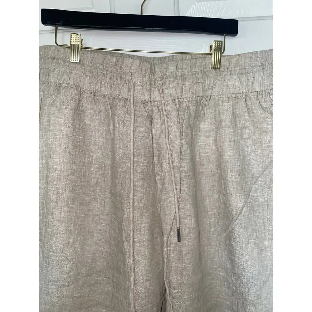 Quince Linen Wide Leg Crop Pants Pull On Elastic Drawstring Waist Oatmeal XL